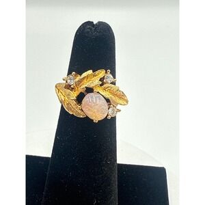 Avon Vintage Fire Flower Ring Gold Tone Faux Opal Rhinestone Leaf Adjustable 5